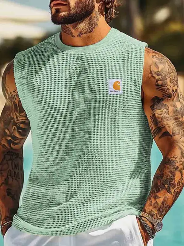 Men's Vintage Waffle Knit Surf Crew Neck Sleeveless Tank Top - Menbarn.com 
