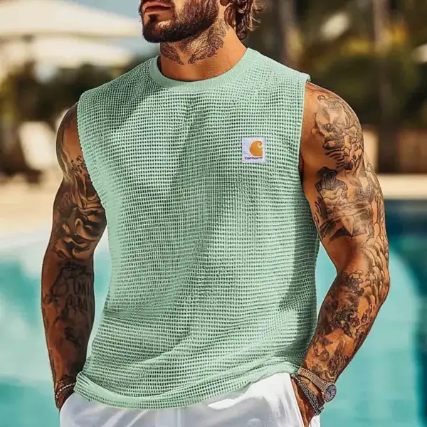 Men's Vintage Waffle Knit Surf Crew Neck Sleeveless Tank Top - Ootdyouth.com 