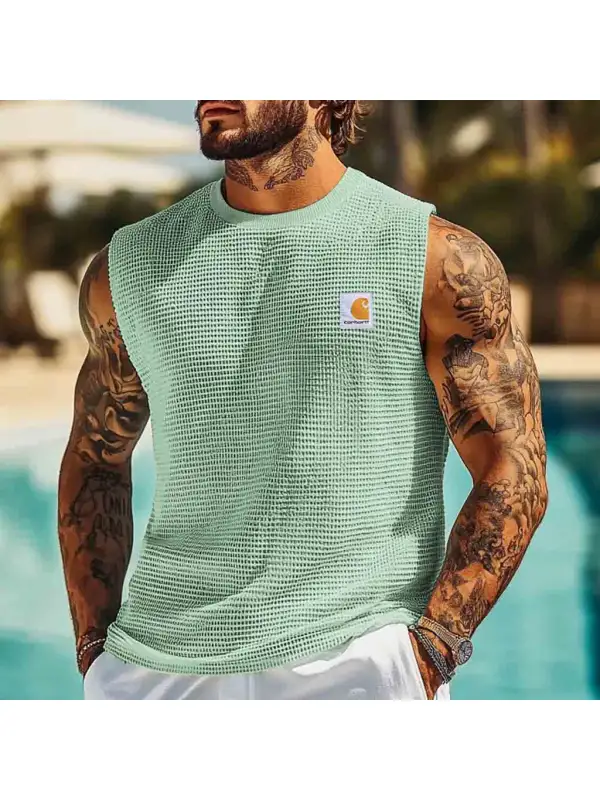 Men's Vintage Waffle Knit Surf Crew Neck Sleeveless Tank Top - Anrider.com 