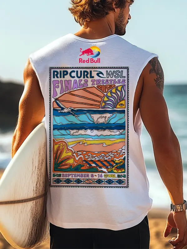 Men's Vintage Surfing Oversized WSL Poster Racing Graphic Print Tank Top - Simplyion.com 