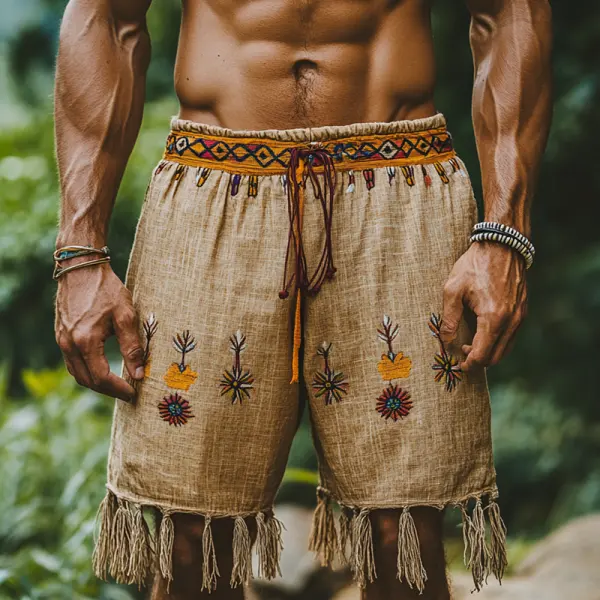 Men's Retro Linen Red Wine Bohemian Embroidered Shorts With Tassels - Rabclub.com 