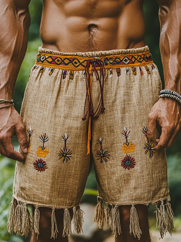 Men's Retro Linen Red Wine Bohemian Embroidered Shorts With Tassels - Pragmaace.com 