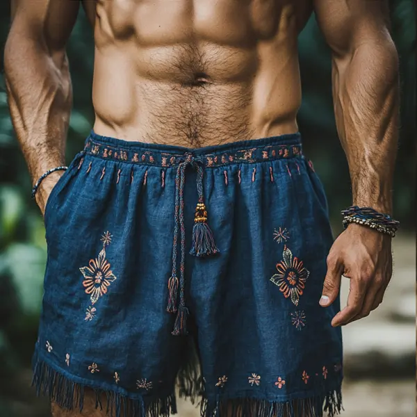 Men's Retro Outdoor Bohemian Embroidered Denim Shorts With Tassels - Rabclub.com 