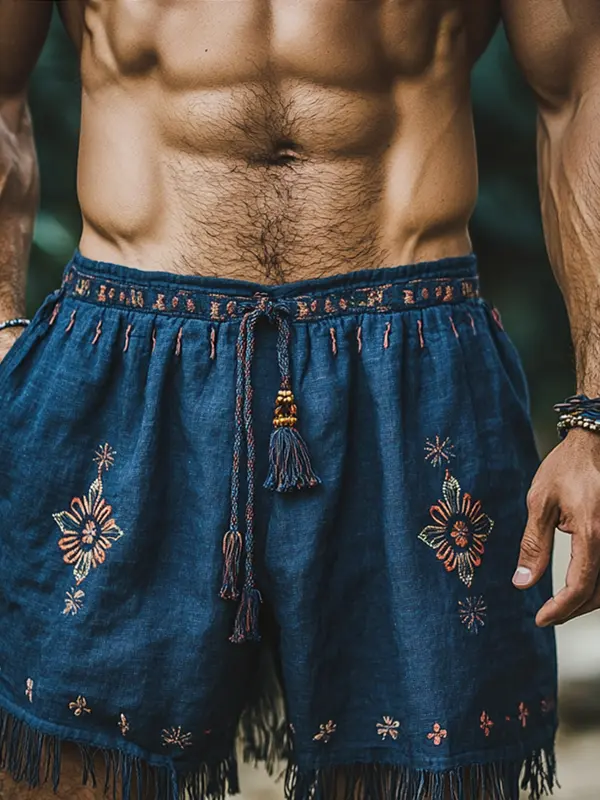 Men's Retro Outdoor Bohemian Embroidered Denim Shorts With Tassels - Wantbright.com 