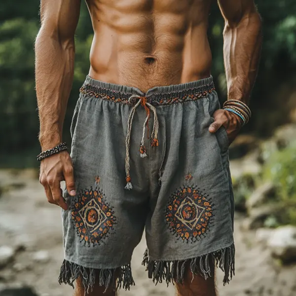 Men's Retro Linen Bohemian Embroidered Fringe Shorts - Rabclub.com 
