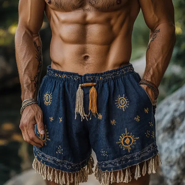 Men's Retro Outdoor Bohemian Sun Embroidered Denim Shorts With Tassels - Rabclub.com 