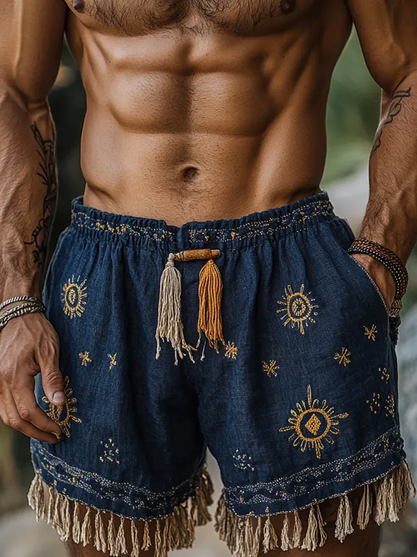 Men's Retro Outdoor Bohemian Sun Embroidered Denim Shorts With Tassels - Wantbright.com 