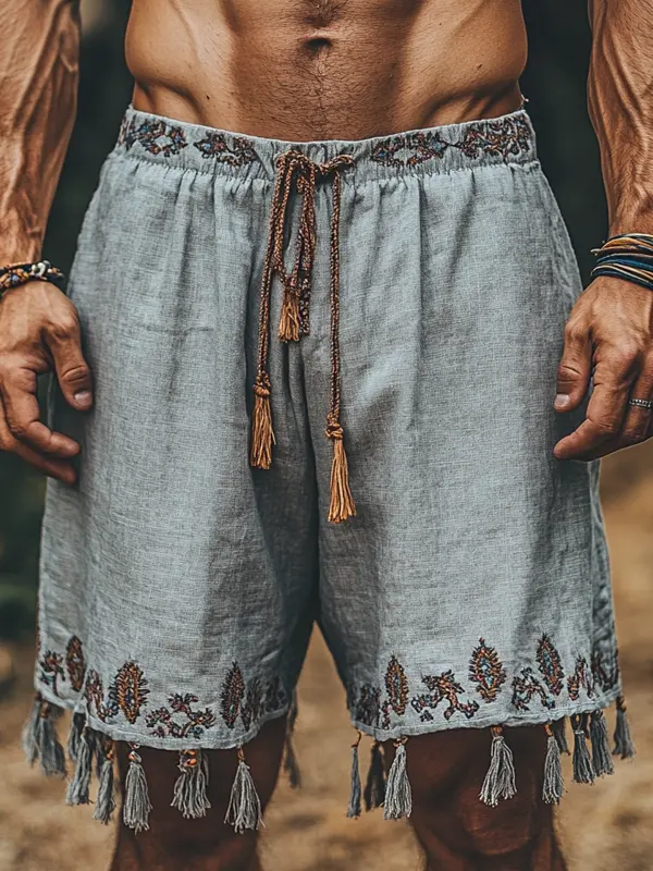 Men's Retro Outdoor Bohemian Embroidered Tassel Shorts - Wantbright.com 