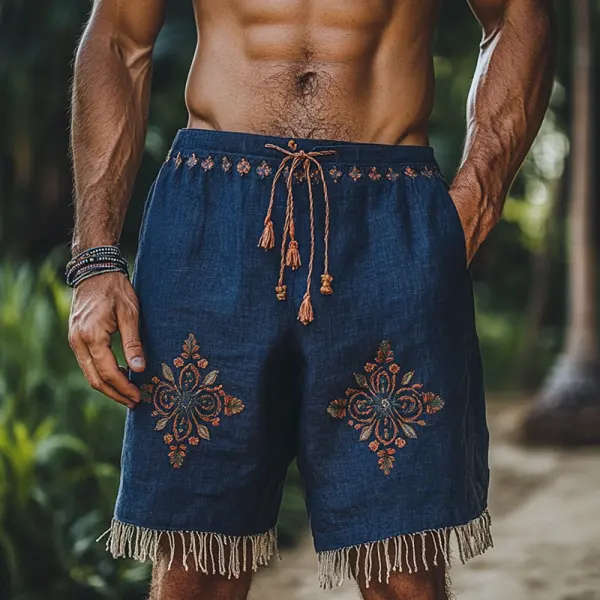 Men's Retro Outdoor Embroidered Denim Shorts With Tassel Drawstring - Rabclub.com 