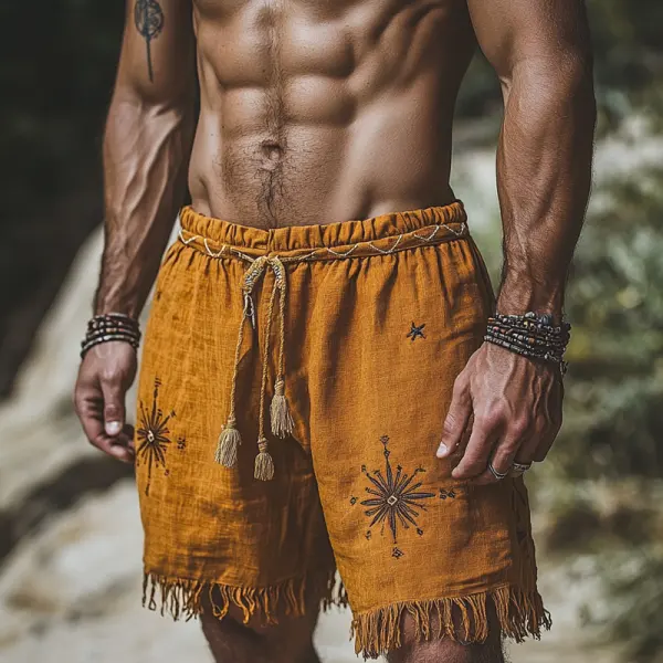 Men's Retro Linen Bohemian Style Yellow Shorts With Embroidered Patterns - Rabclub.com 