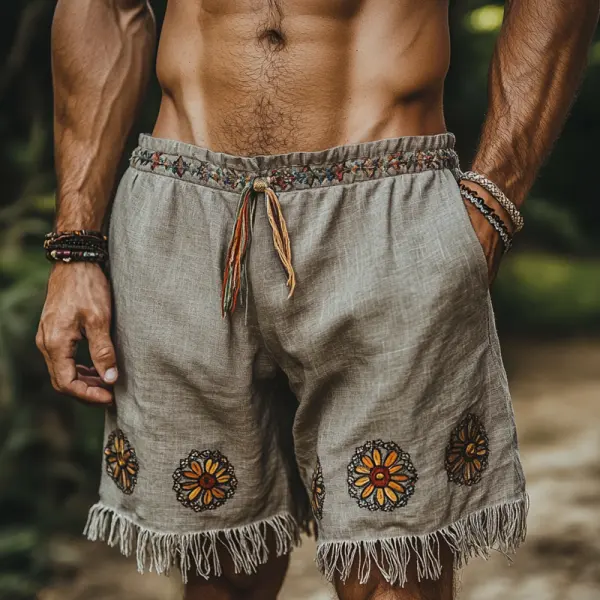 Bohemian Floral Embroidered Shorts With Tassel Details - Rabclub.com 