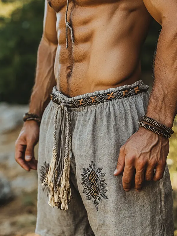 Men's Retro Linen Totem Bohemian Embroidered Linen Shorts - Wantbright.com 