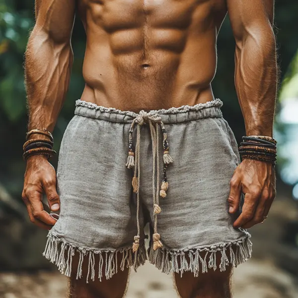 Men's Retro Linen Boho Style Fringed Shorts For Men - Rabclub.com 