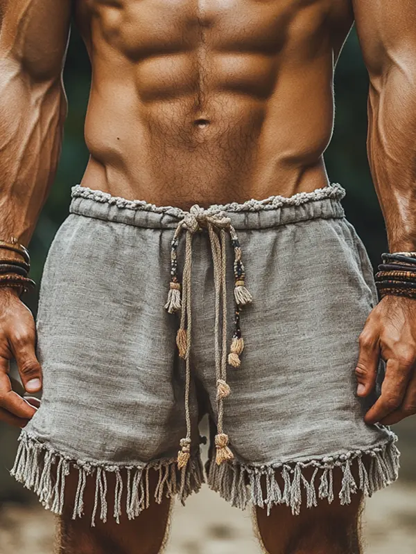 Men's Retro Linen Boho Style Fringed Shorts For Men - Wantbright.com 