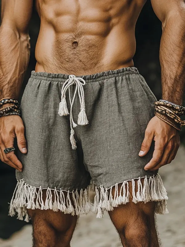 Men's Retro Linen Gray Tassel-Trimmed Shorts For Summer - Wantbright.com 