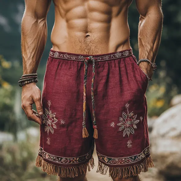 Men's Retro Linen Bohemian Embroidered Shorts With Tassels - Rabclub.com 