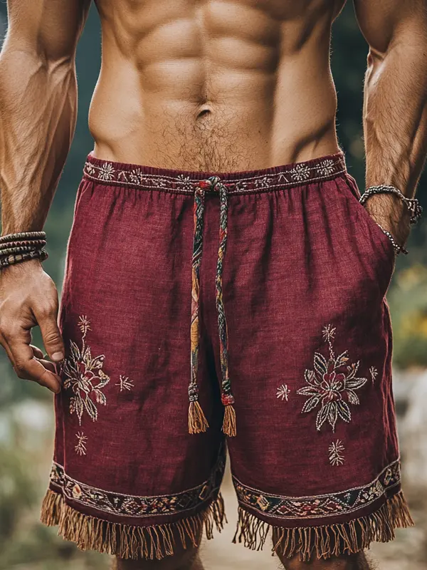 Men's Retro Linen Bohemian Embroidered Shorts With Tassels - Wantbright.com 