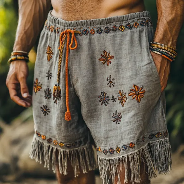 Men's Retro Linen Bohemian Embroidered Floral Shorts With Fringe Detail - Rabclub.com 