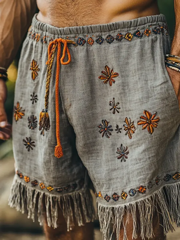 Men's Retro Linen Bohemian Embroidered Floral Shorts With Fringe Detail - Wantbright.com 