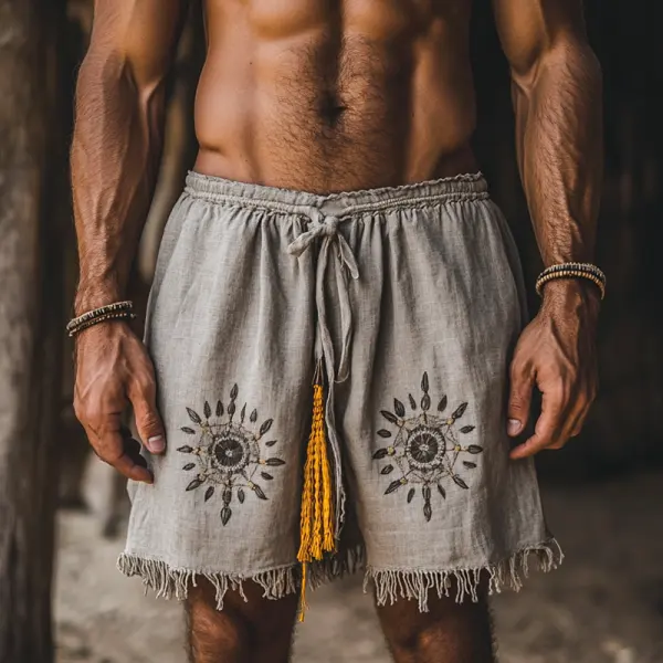 Men's Retro Linen Gray Boho Embroidered Tassel Shorts - Rabclub.com 