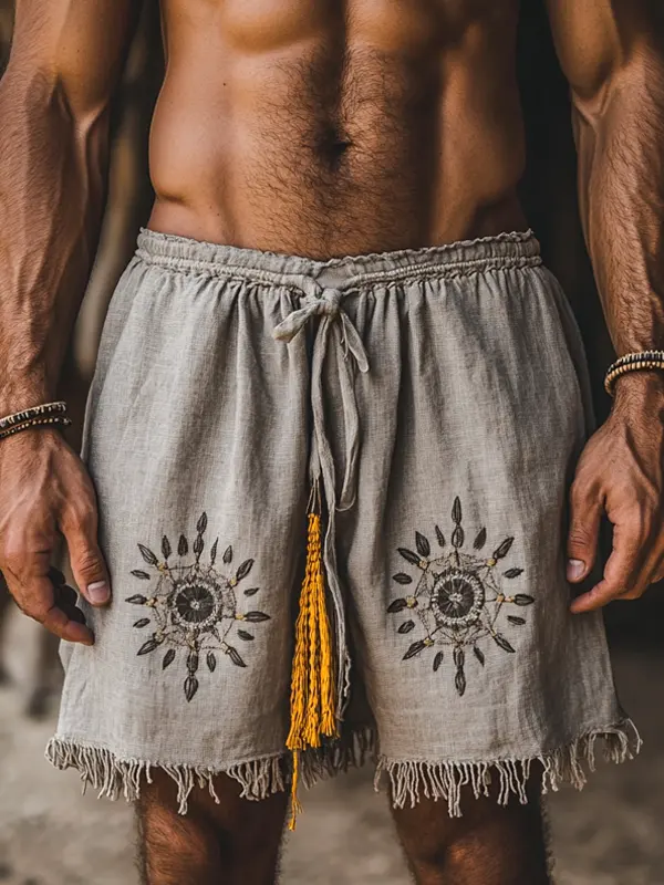 Men's Retro Linen Gray Boho Embroidered Tassel Shorts - Wantbright.com 