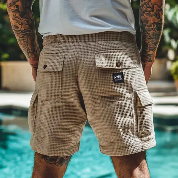 Ocean Men's Vintage Waffle Knit Multi-Pocket Khaki Board Surf Shorts - Menzfolk.com 