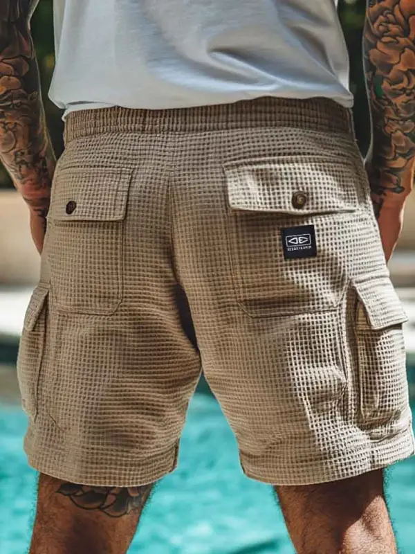 Ocean Men's Vintage Waffle Knit Multi-Pocket Khaki Board Surf Shorts - Simplyion.com 
