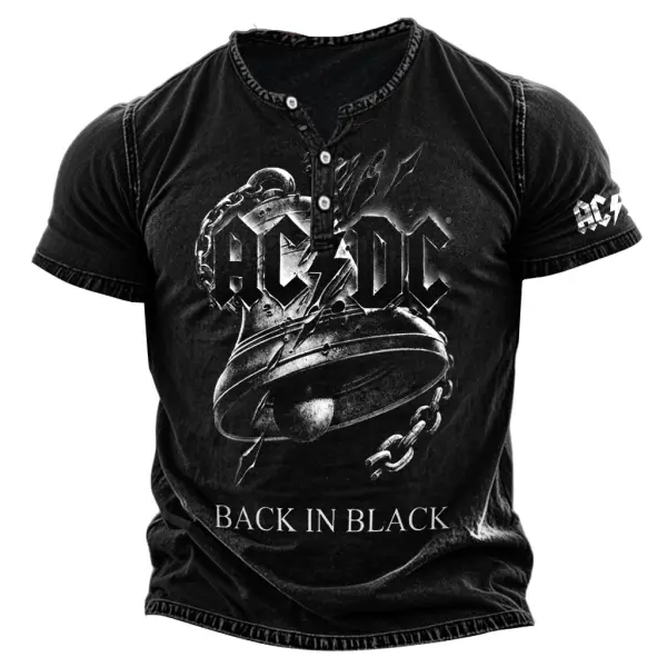 Men's Vintage Rock Band Back In Black Bell Print Henley Collar Short Sleeve T-Shirt - Cotosen.chimpone.com 