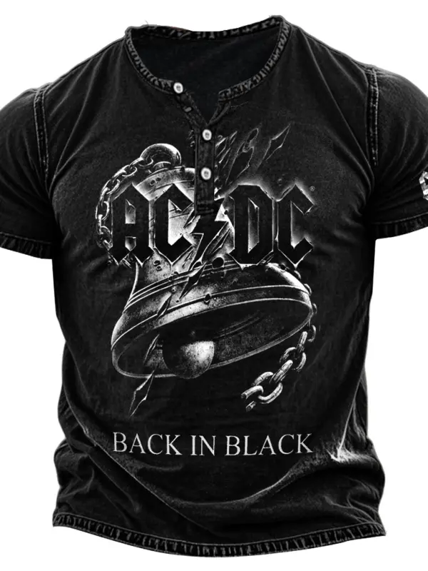 Men's Vintage Rock Band Back In Black Bell Print Henley Collar Short Sleeve T-Shirt - Rapidgar.com 