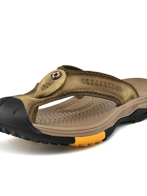Men's Vintage Genuine Leather Lightweight Non-slip Surf Beach Sandals Slippers Flip Flops - Pragmaace.com 