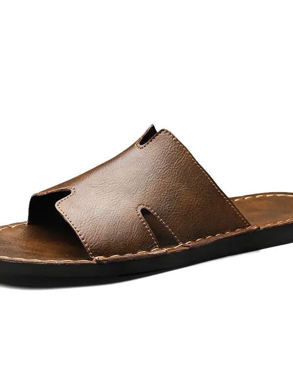 Men's Microfiber Leather Handmade Slippers, Soft Bottom Non-slip Flip Flops - Menwyx.com 