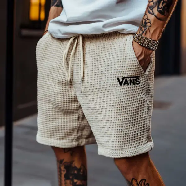 Men's Vintage Waffle Knit Beige Elastic Drawstring Board Surf Shorts - Ootdyouth.com 