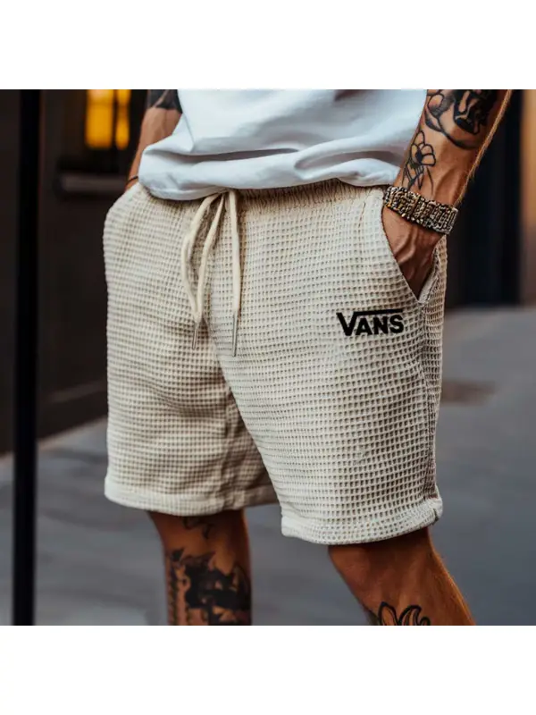 Men's Vintage Waffle Knit Beige Elastic Drawstring Board Surf Shorts - Aptkoi.com 