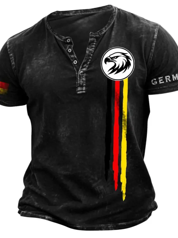 Men's Vintage German Flag Eagle Stripes Henley Short Sleeve T-Shirt - Simplyion.com 