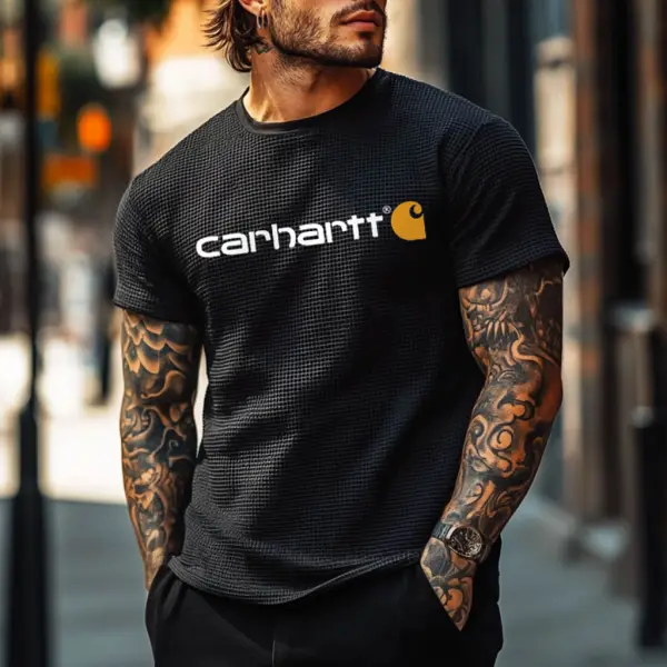 Men's Vintage Black Waffle Knit Surf Short Sleeve Crew Neck T-Shirt - Yesunshine.com 