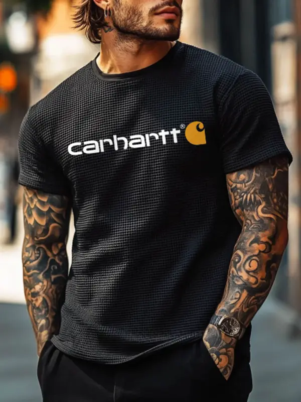 Men's Vintage Black Waffle Knit Surf Short Sleeve Crew Neck T-Shirt - Pragmaace.com 