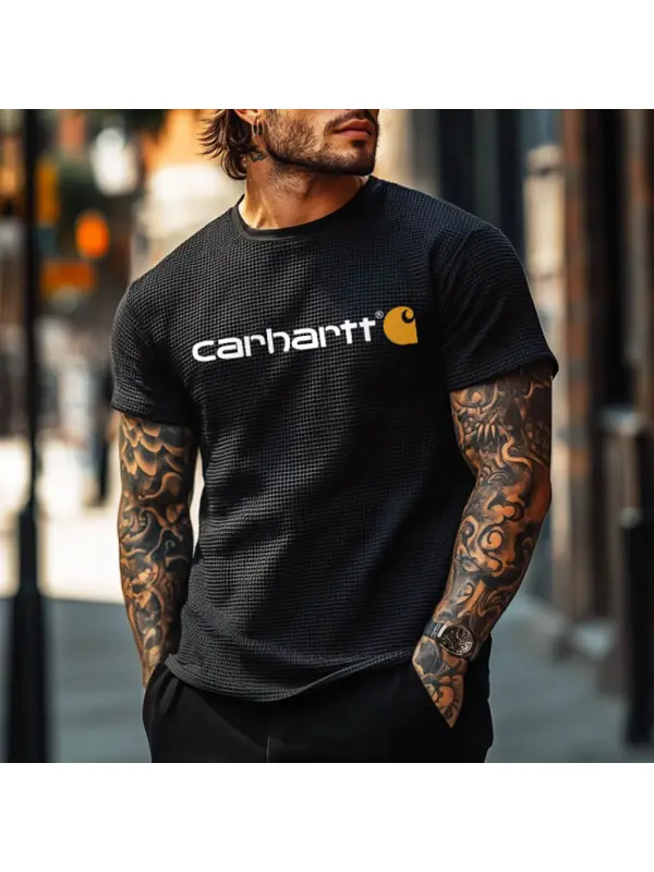 Men's Vintage Black Waffle Knit Surf Short Sleeve Crew Neck T-Shirt - Aptkoi.com 