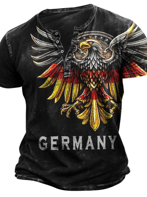 Men's Vintage Germany Eagle Graphic Henley Short Sleeve T-Shirt - Wantbright.com 