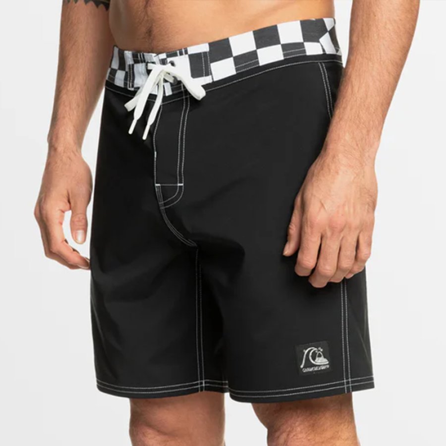 

Vintage Surf Checkerboard Waistband Black Shorts For Men