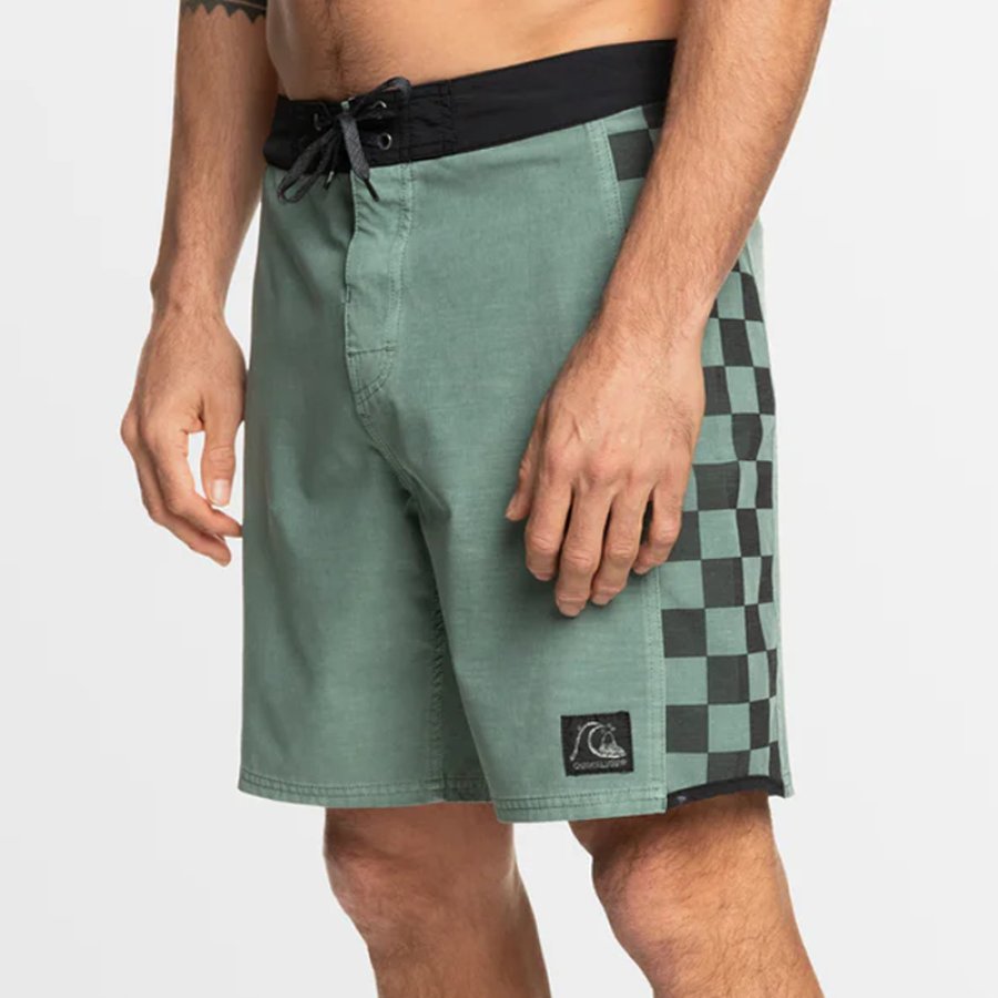 

Vintage Surf Olive Green Checkerboard Panel Boardshorts For Men