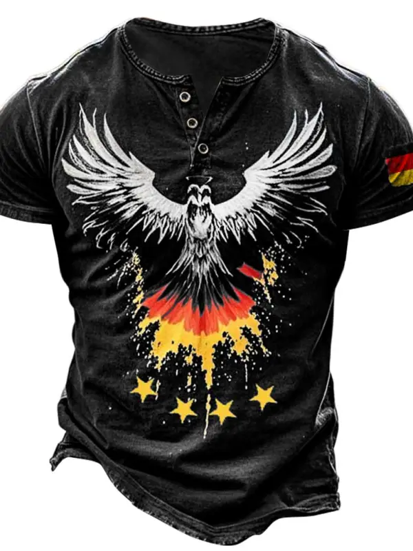 T-shirt à Manches Courtes Et Col Henley Pour Homme, Imprimé Drapeau Allemand Vintage Et Ailes D'aigle - Simplyion.com 