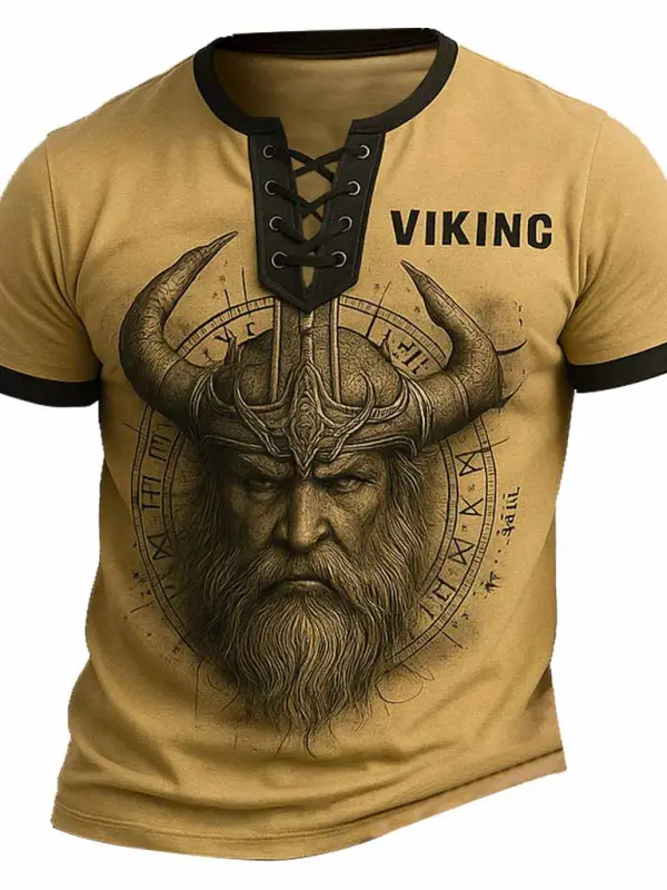 Men's Vintage Viking Warrior Print Color Block Lace-up Short Sleeve T-Shirt - Simplyion.com 