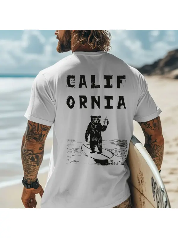 Men's Vintage California Surfing Bear Print Crew Neck Short Sleeve T-Shirt - Shopyiyistories.com 