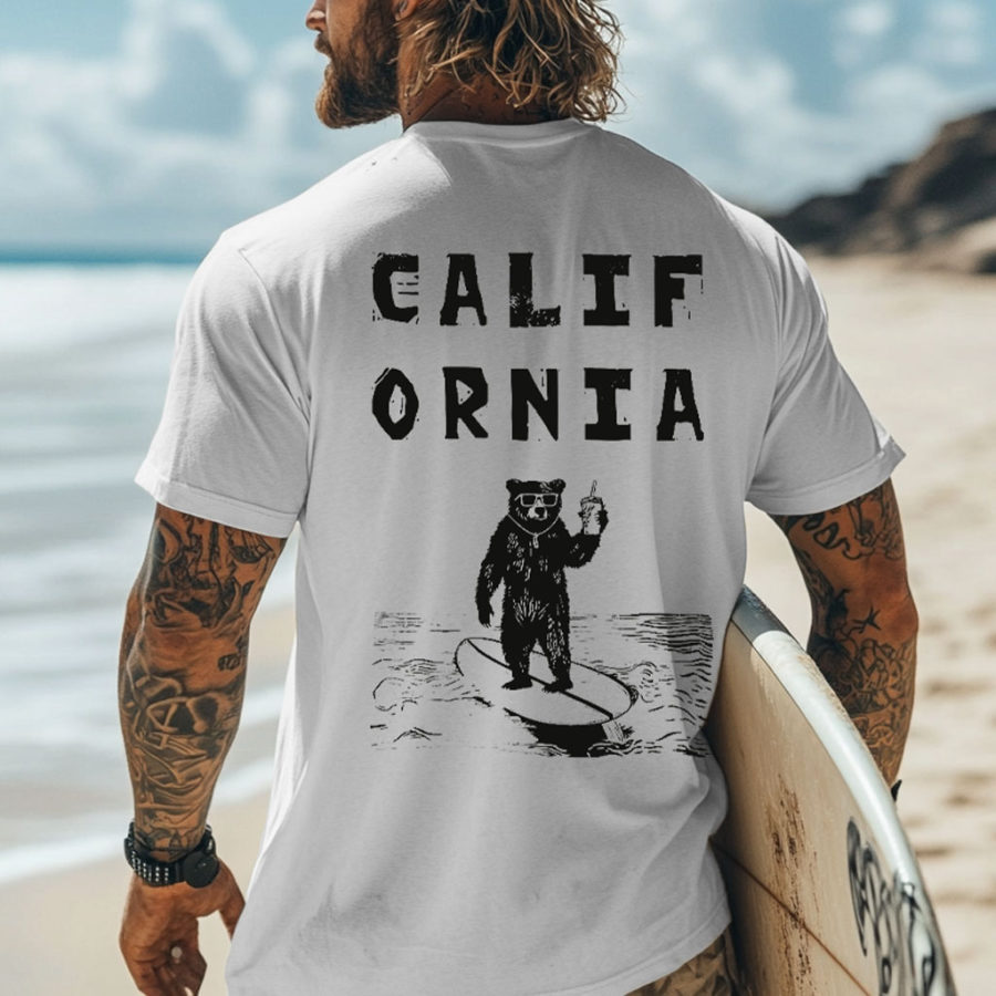 

Men's Vintage California Surfing Bear Print Crew Neck Short Sleeve T-Shirt