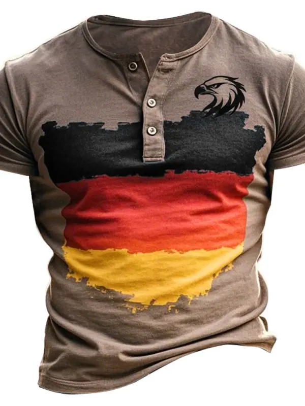 Men's Vintage German Flag Eagle Print Henley Collar Short Sleeve T-Shirt - Simplyion.com 