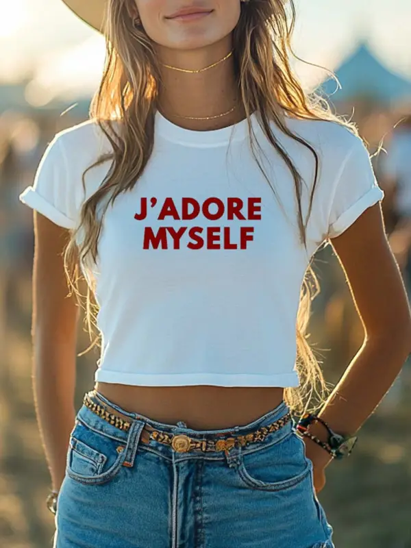 Women's J'adore Myself Western Cowboy Carter Print Cropped Short Sleeve T-Shirt Y2k Baby Tee - Simplyion.com 