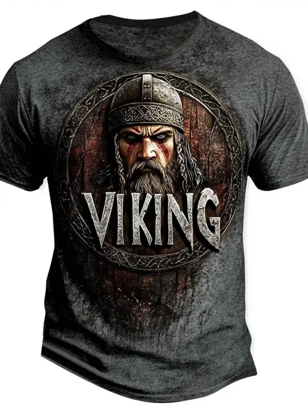 Men's Vintage Viking Warrior Distressed Print Crew Neck Short Sleeve T-shirt - Simplyion.com 