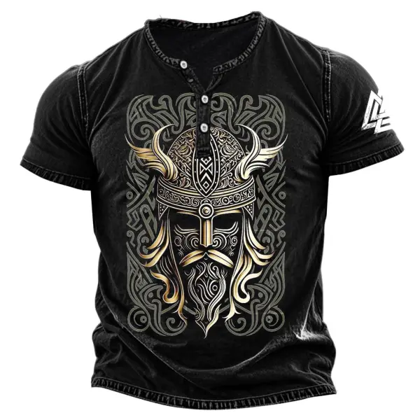 Men's Vintage Viking Warrior Print Henley Collar Short Sleeve T-Shirt - Yesunshine.com 