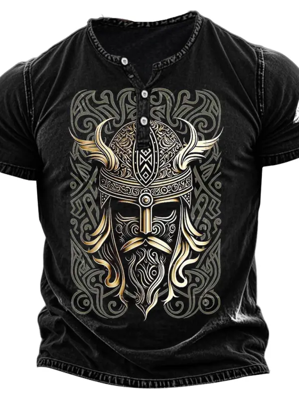Men's Vintage Viking Warrior Print Henley Collar Short Sleeve T-Shirt - Simplyion.com 