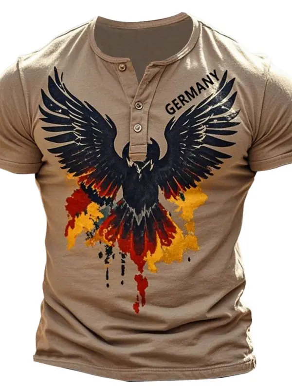 Men's Vintage German Flag Eagle Print Henley Collar Short Sleeve T-Shirt - Simplyion.com 
